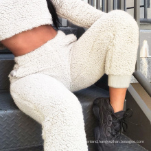 Wholesale winter white women street wear pant casual sport fluffy jogger sherpa fleece pants